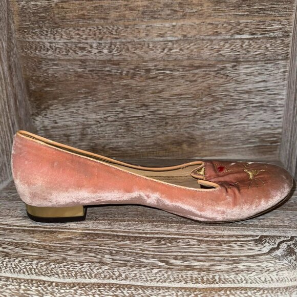 Charlotte Olympia Blush Pink Velvet Cat Kitty Loafer Flats - Picture 4 of 9